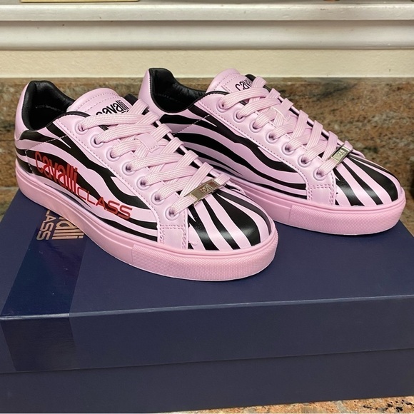 NEW Roberto Cavalli Zebra Print Tennis Shoe Pink Black - Picture 3 of 7